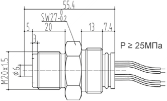 Промышленный сенсор давления ВТП-01 с гибкими проводами. Габаритный чертеж