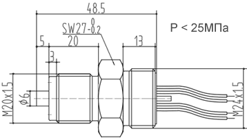 Промышленный сенсор давления ВТП-01 с гибкими проводами P<25МПа. Габаритный чертеж